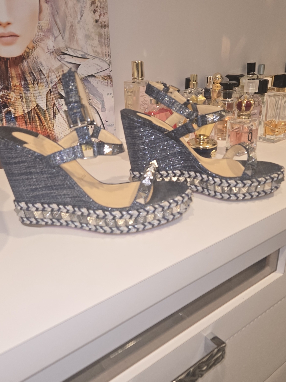 Christian Louboutin Cataclou Metallic Blue & Silver Studded Espadrille Wedges - Picture 3 of 5